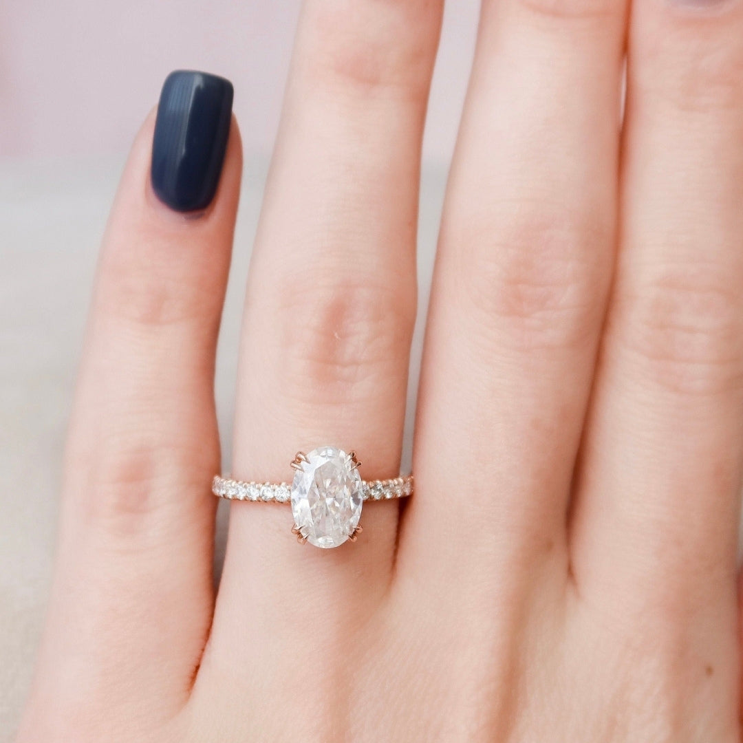 Oval Cut Engagement Ring, 1.73 CT Moissanite Hidden Halo Ring, Four Prong Ring