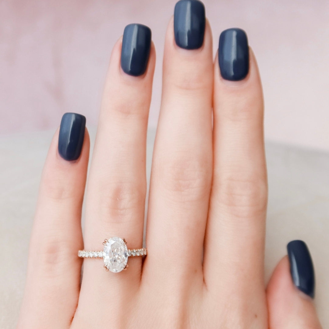 Oval Cut Engagement Ring, 1.73 CT Moissanite Hidden Halo Ring, Four Prong Ring