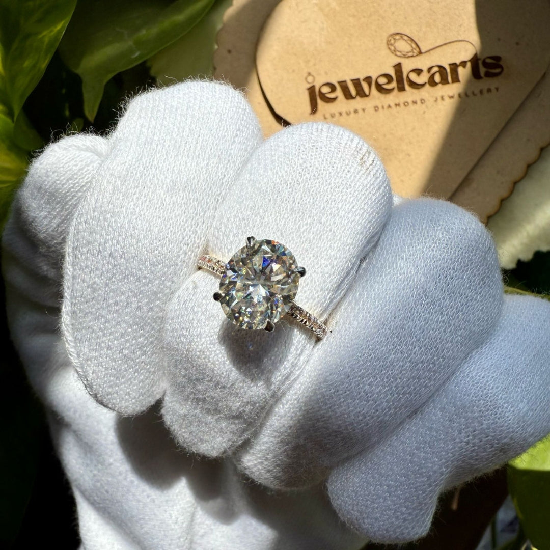 Hidden Halo Oval Cut Moissanite Diamond Engagement Ring - 14KT Yellow Gold