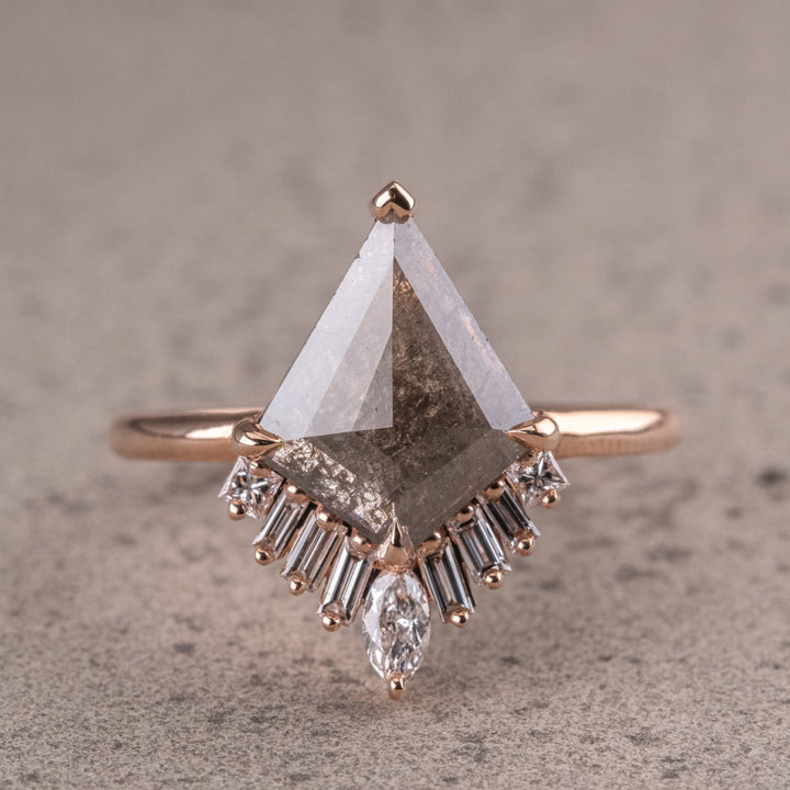2.15 CT Kite Cut Dark Gray Natural Salt And Pepper With Side Stone Handmade Ring