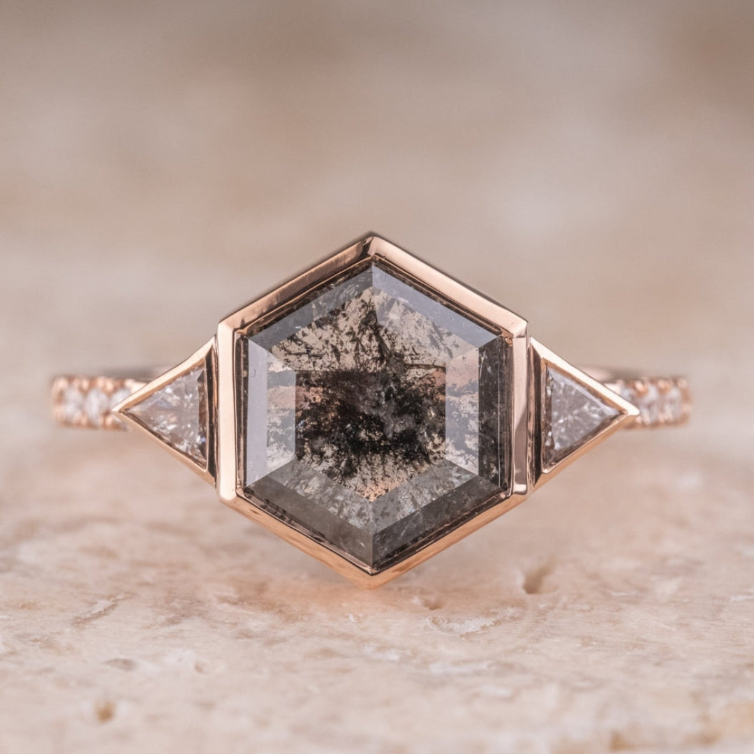 Natural Salt And Pepper 2.30 CT Hexagon Cut Handmade Ring
