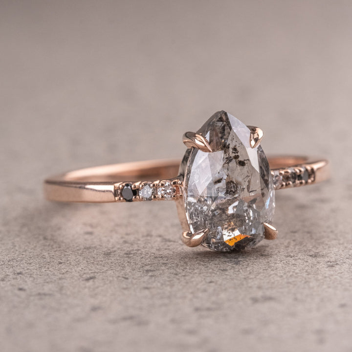 1.70 CT Pear Cut Diamond Ring, Pear Natural Salt And Pepper Diamond Side Stone Engagement Ring