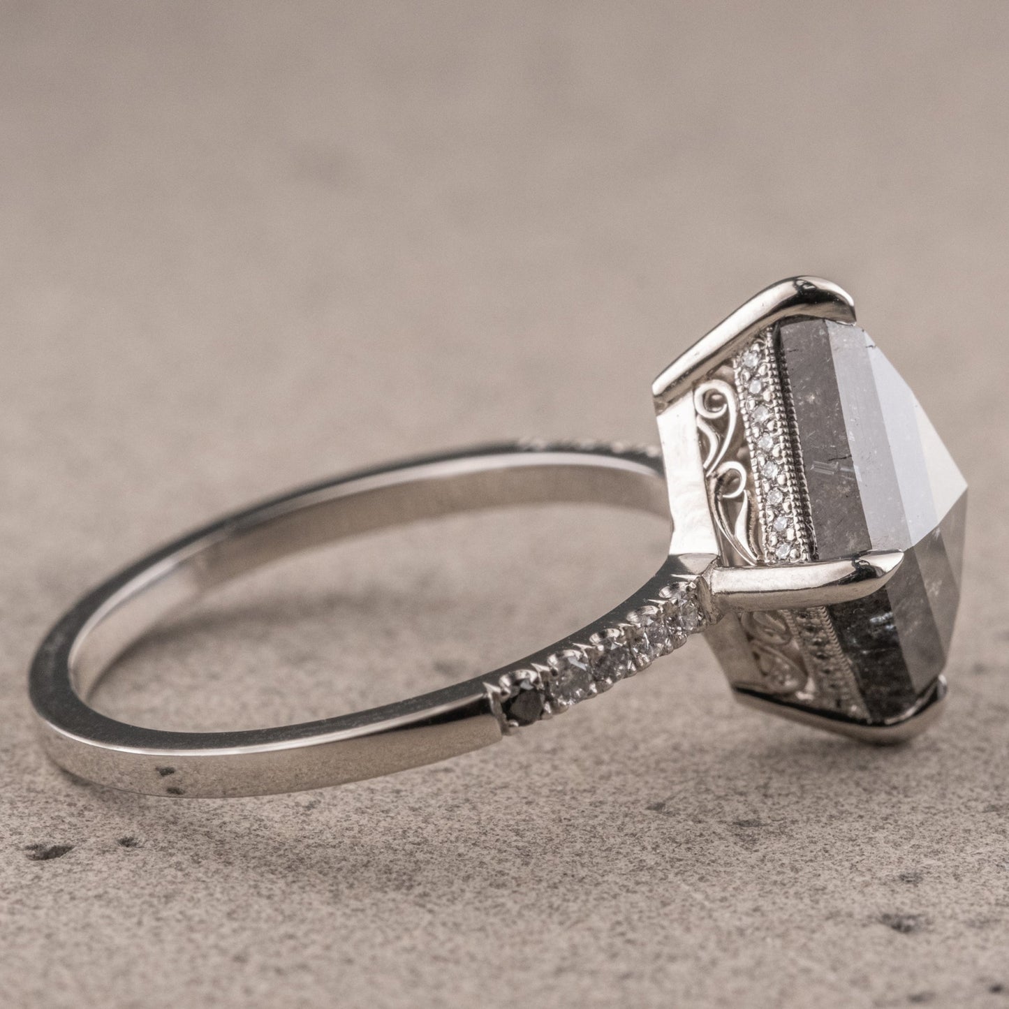 1.65 CT Kite Cut Lovely Side Stone Natural Salt And Pepper Wedding Ring