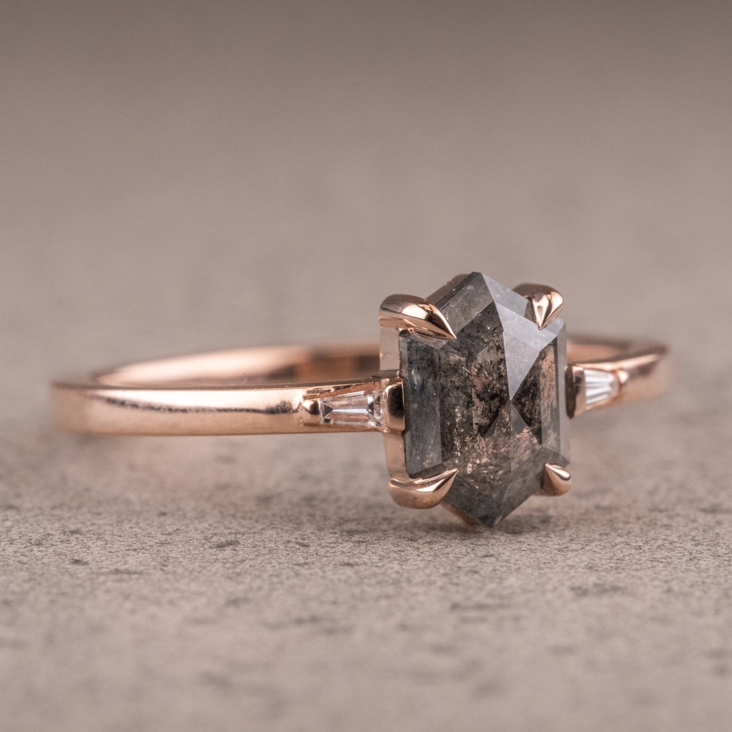 Hexagon Cut Natural Salt And Pepper Diamond Three Stone Wedding Ring