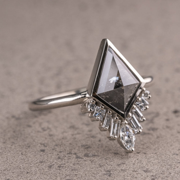 Brilliant 1.90 CT Kite Natural Salt And Pepper Side Stone Engagement Ring