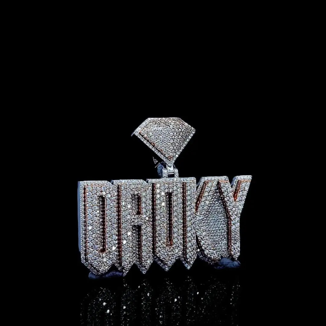 Luxe Statement Charm Droky Moissanite Pendant in 925 Sterling Silver Close Up Front View