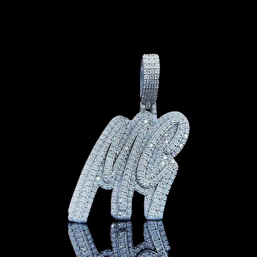 MG Iced Script Moissanite Pendant in 925 Sterling Silver Close Up Front View