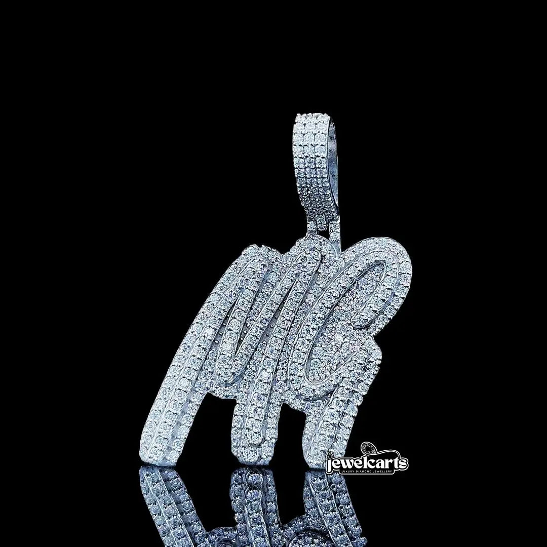 MG Iced Script Moissanite Pendant in 925 Sterling Silver Front View