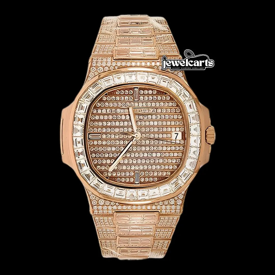Patek Philippe Nautilus Baguette Diamond Fully Iced Out Rose Gold Moissanite Watch Front View