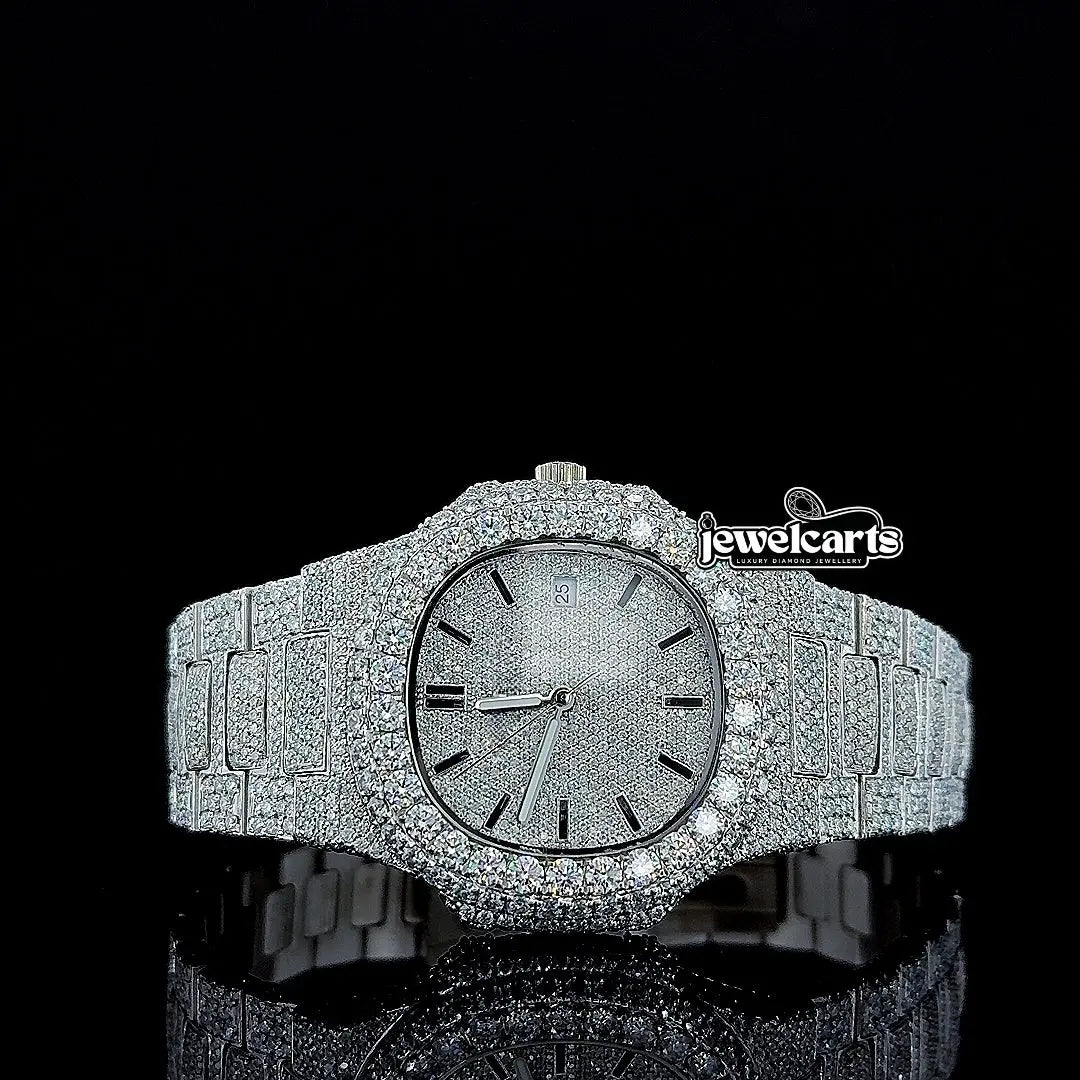 Patek Philippe Nautilus Black Stick Markers Dial Fully Iced Out Moissanite Watch Front View