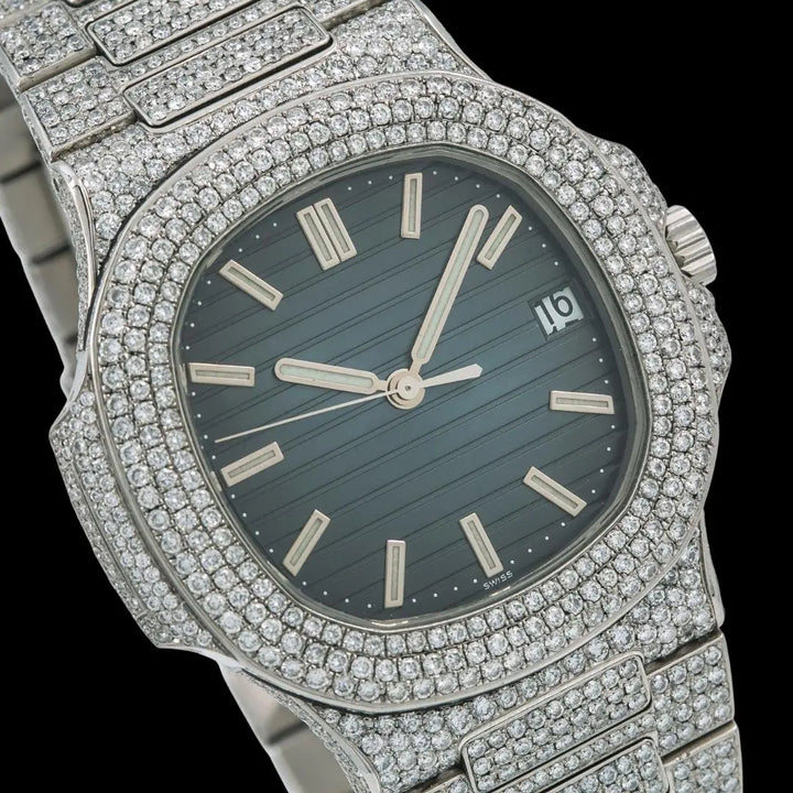 Patek Philippe Nautilus Blue Dial Stick Markers Fully Iced Out Moissanite Watch Close Up Dial View