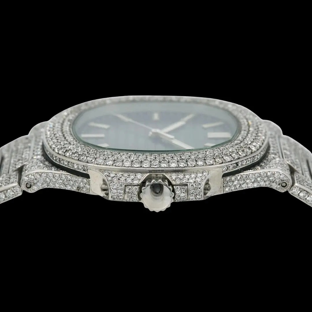 Patek Philippe Nautilus Blue Dial Stick Markers Fully Iced Out Moissanite Watch Crown View