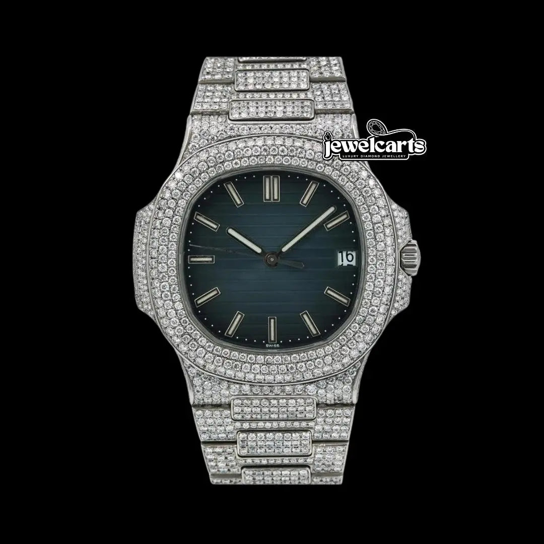 Patek Philippe Nautilus Blue Dial Stick Markers Fully Iced Out Moissanite Watch Front View