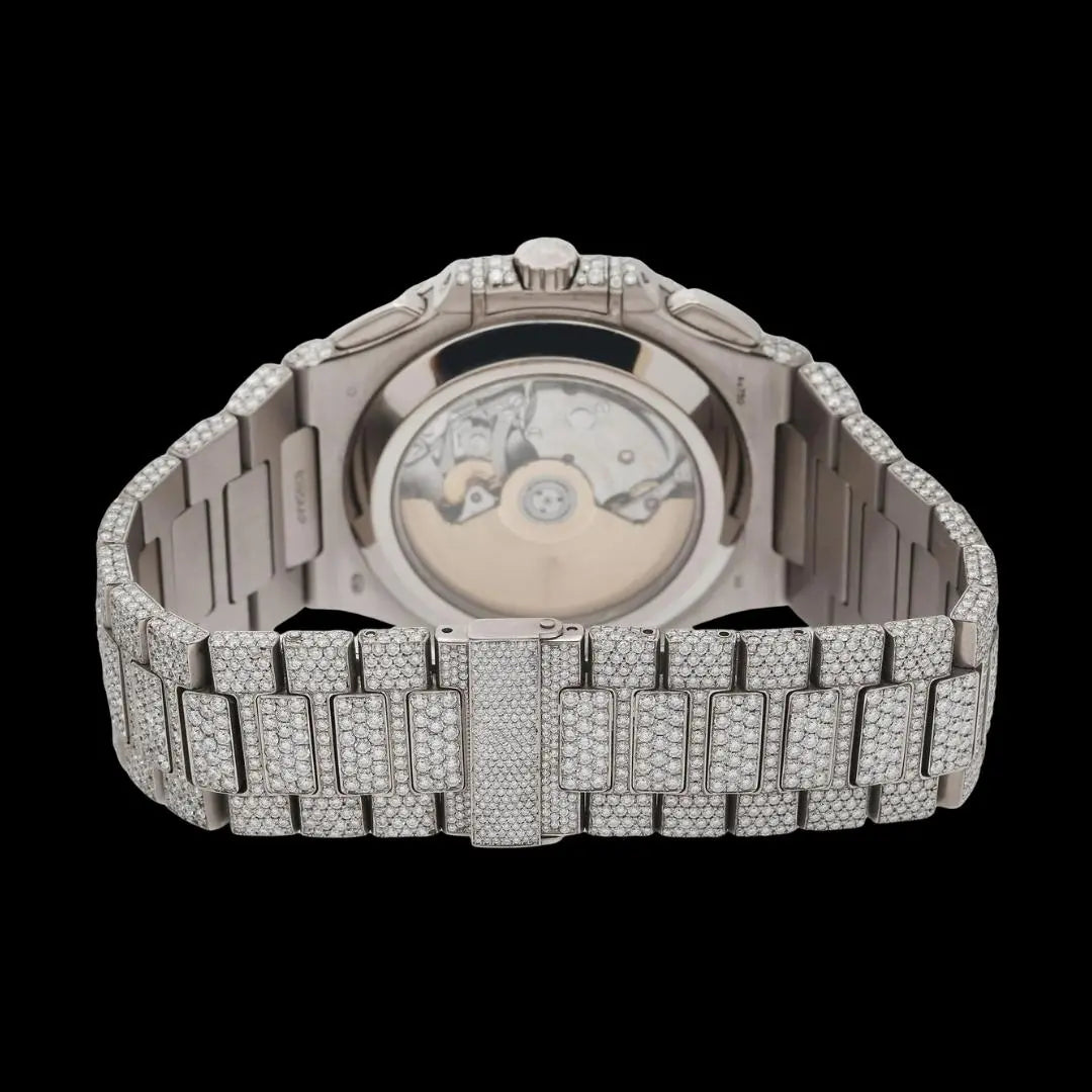 Patek Philippe Nautilus Blue Subdial Stick Markers Fully Iced Out Moissanite Watch Caseback View