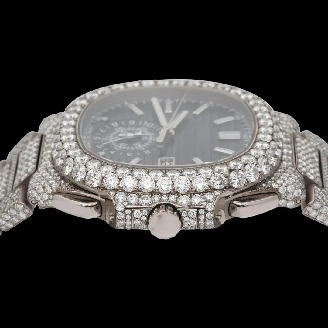 Patek Philippe Nautilus Blue Subdial Stick Markers Fully Iced Out Moissanite Watch Crown View