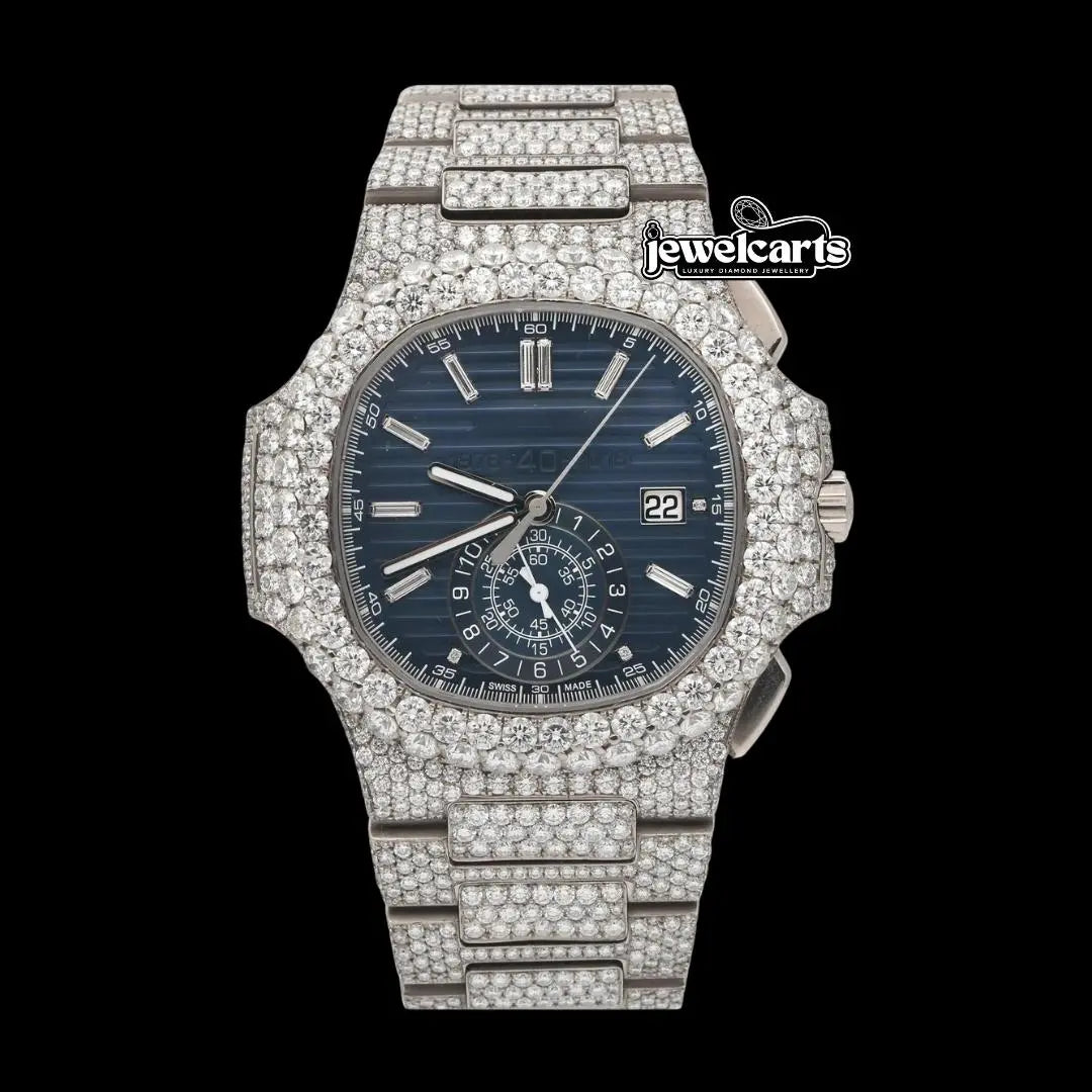Patek Philippe Nautilus Blue Subdial Stick Markers Fully Iced Out Moissanite Watch Front View