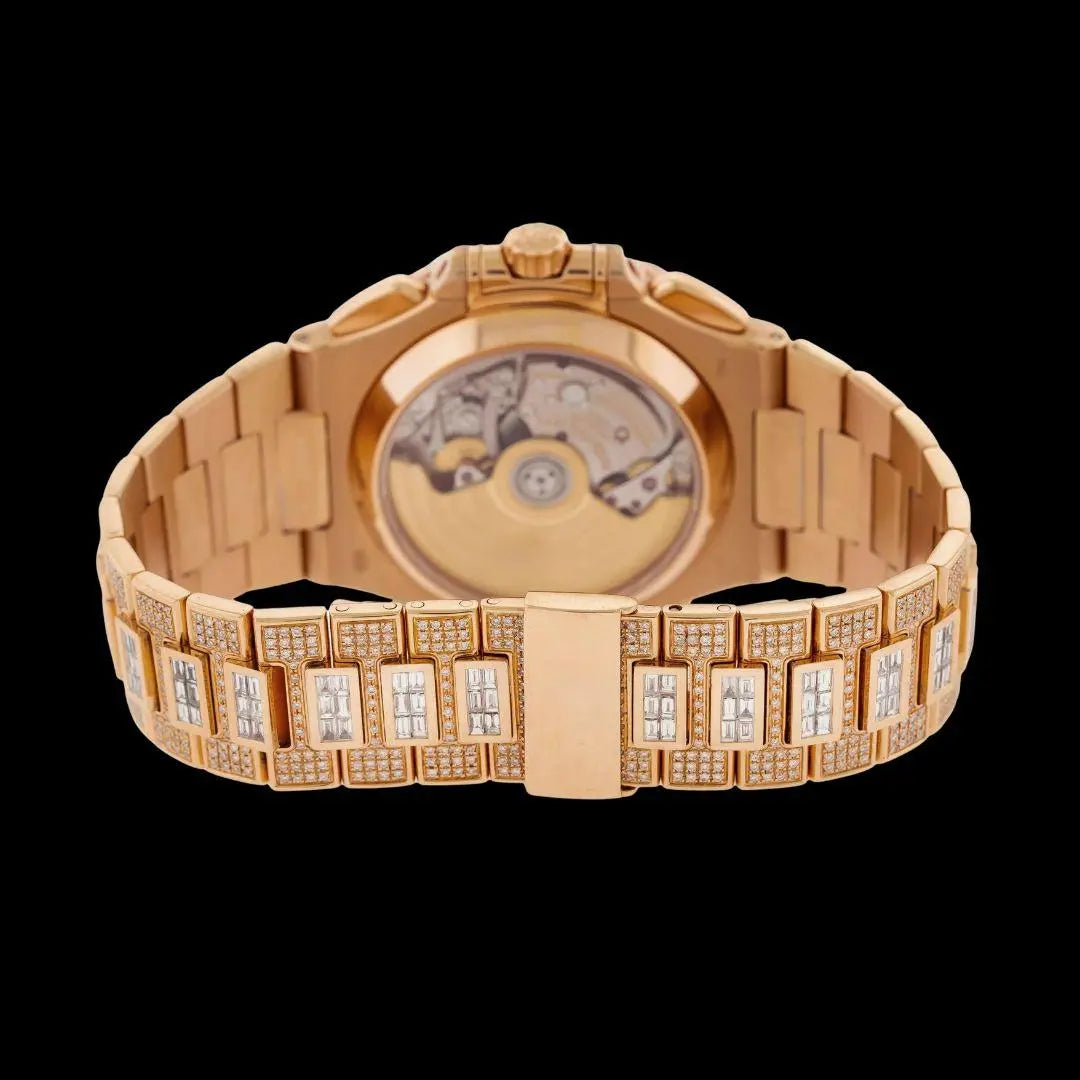 Patek Philippe Nautilus Brown Dial Diamond Markers Dial Rose Gold Iced Out Watch Caseback View