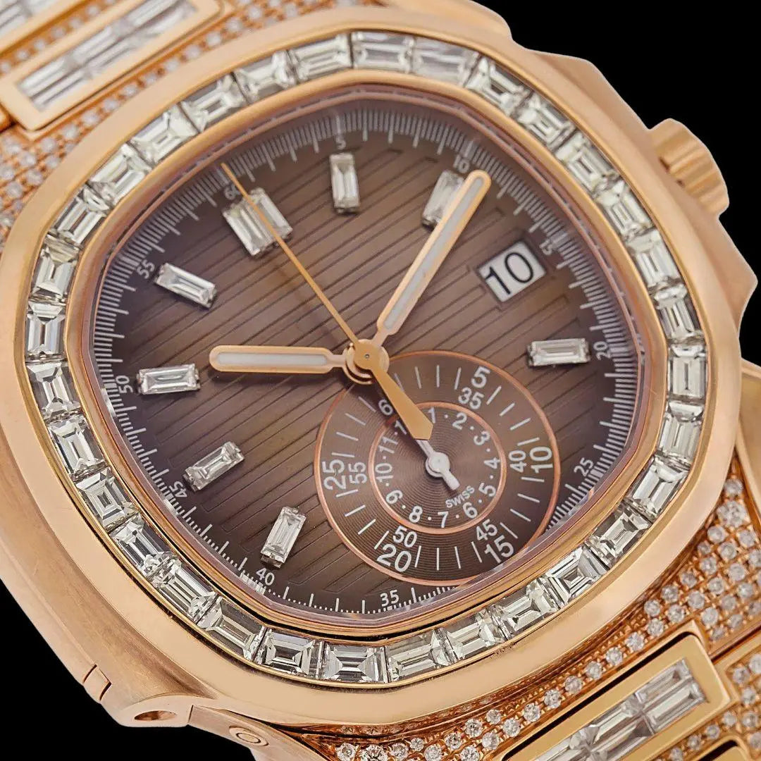 Patek Philippe Nautilus Brown Dial Diamond Markers Dial Rose Gold Iced Out Watch Close Up Subdial View
