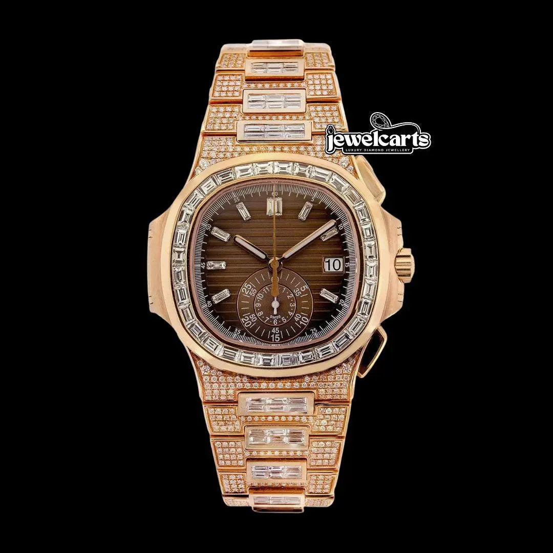 Patek Philippe Nautilus Brown Dial Diamond Markers Dial Rose Gold Iced Out Watch Front View