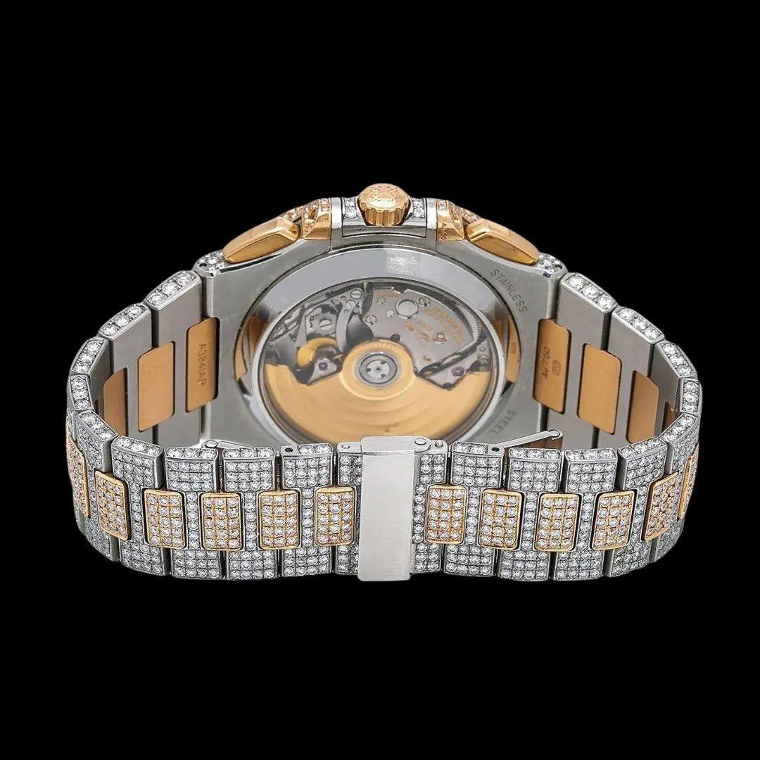 Patek Philippe Nautilus Chronograph Subdial Two Tone Rose Gold Iced Out Moissanite Watch Caseback View
