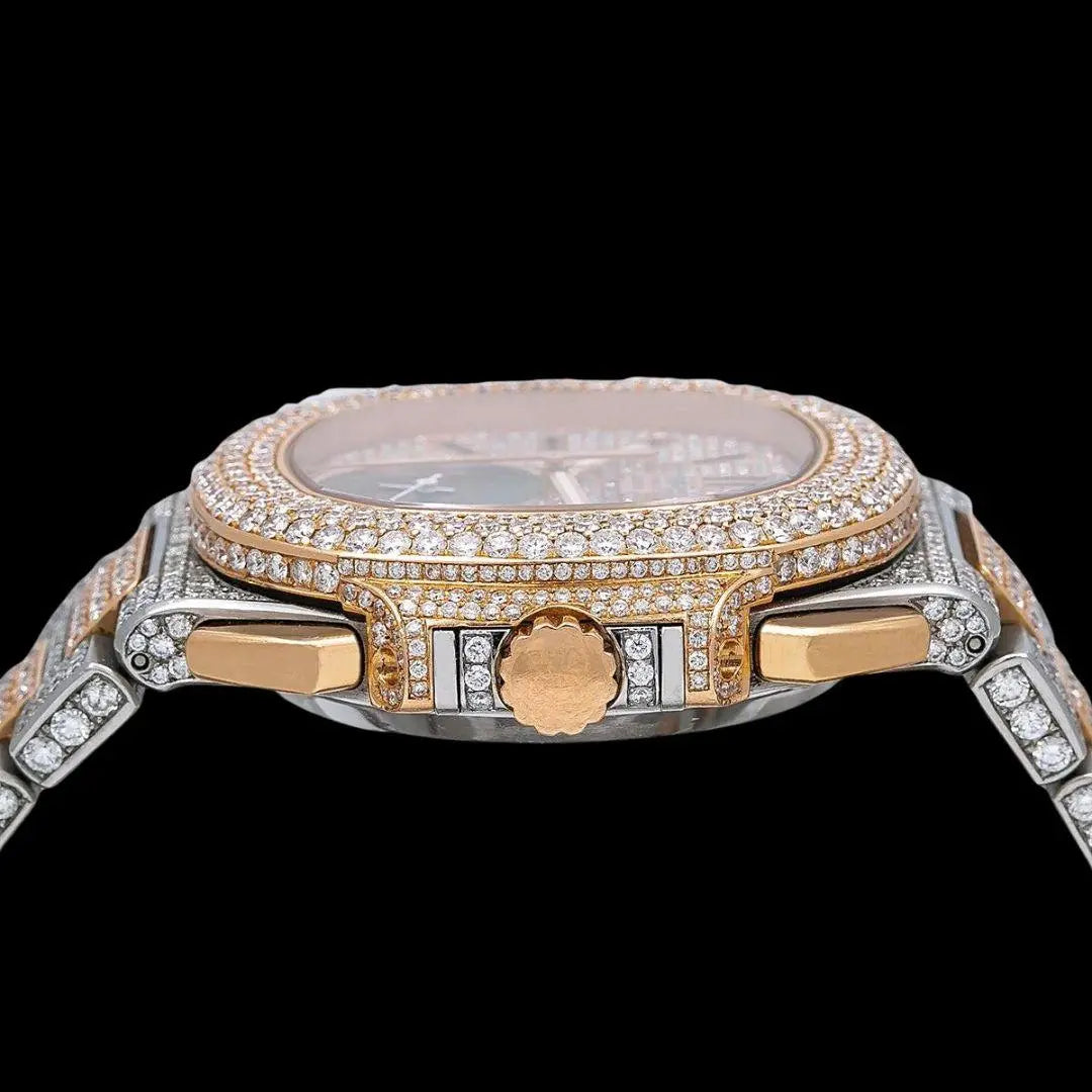 Patek Philippe Nautilus Chronograph Subdial Two Tone Rose Gold Iced Out Moissanite Watch Crown View