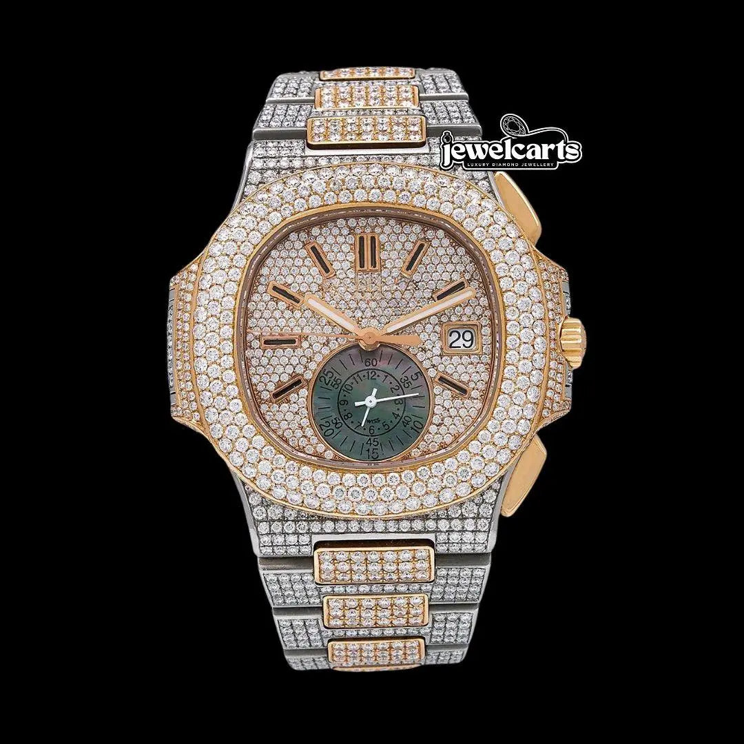 Patek Philippe Nautilus Chronograph Subdial Two Tone Rose Gold Iced Out Moissanite Watch Front View