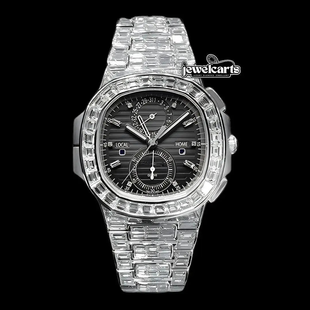 Patek Philippe Nautilus Diamond Markers Black Dial Fully Iced Out Baguette Moissanite Watch Front View