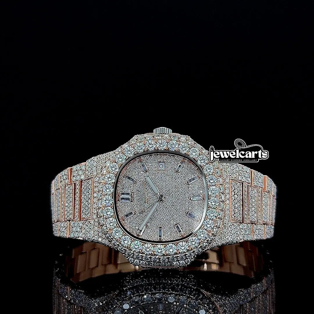 Patek Philippe Nautilus Diamond Markers Dial Fully Iced Out Rose Gold Moissanite Watch Front View