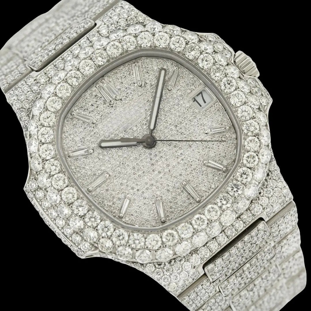Patek Philippe Nautilus Diamond Pave Dial White Stick Markers Iced Out Moissanite Watch Close Up Dial View