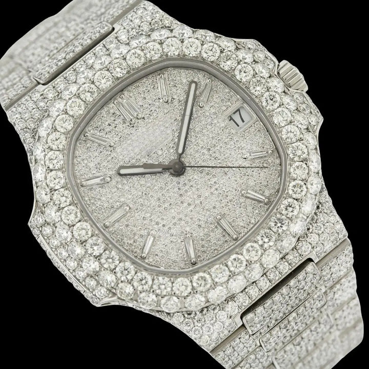 Patek Philippe Nautilus Diamond Pave Dial White Stick Markers Iced Out Moissanite Watch Close Up Dial View