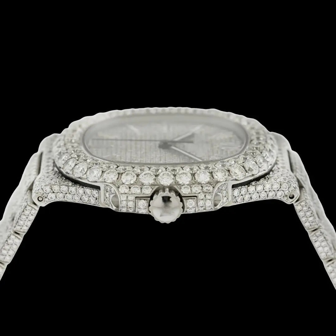 Patek Philippe Nautilus Diamond Pave Dial White Stick Markers Iced Out Moissanite Watch Crown View