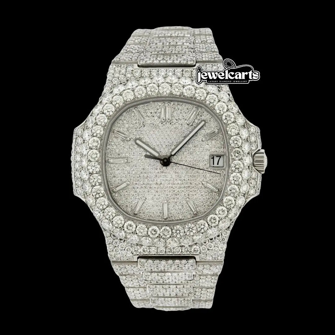 Patek Philippe Nautilus Diamond Pave Dial White Stick Markers Iced Out Moissanite Watch Front View