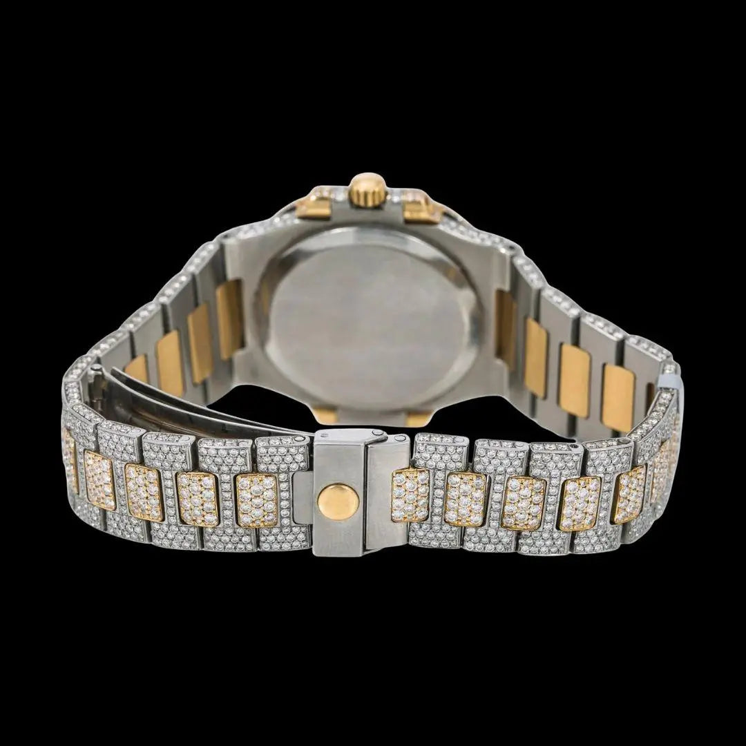 Patek Philippe Nautilus Diamond Pave Stick Markers Dial Two Tone Yellow Gold Moissanite Watch Caseback View