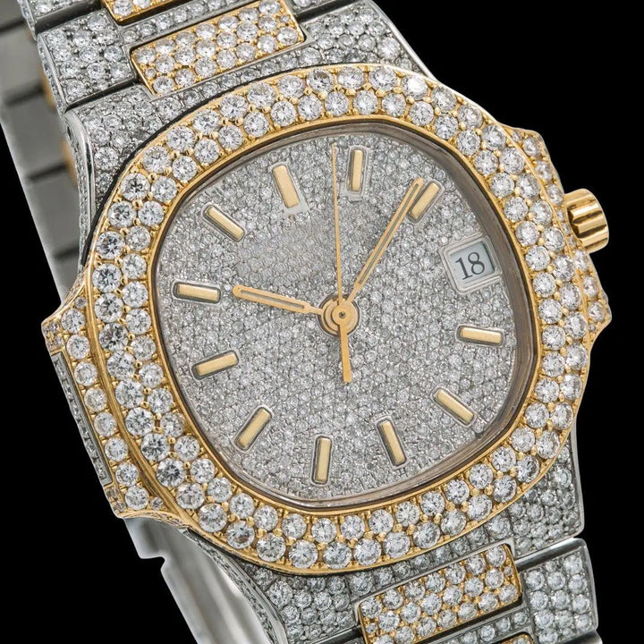 Patek Philippe Nautilus Diamond Pave Stick Markers Dial Two Tone Yellow Gold Moissanite Watch Close Up Dial View