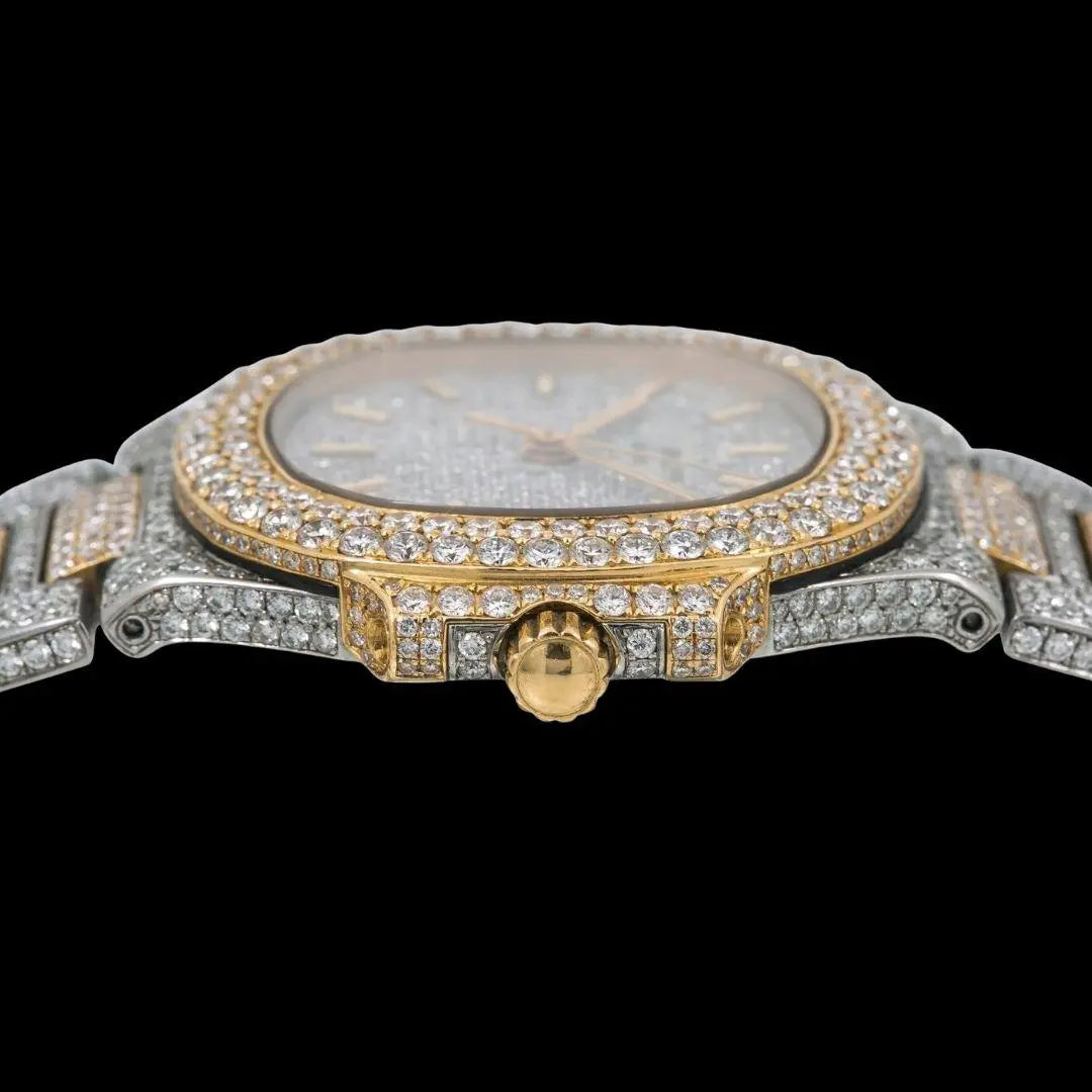 Patek Philippe Nautilus Diamond Pave Stick Markers Dial Two Tone Yellow Gold Moissanite Watch Crown View