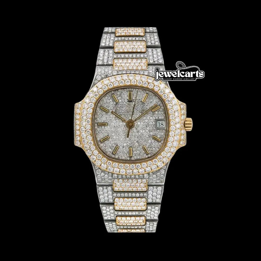 Patek Philippe Nautilus Diamond Pave Stick Markers Dial Two Tone Yellow Gold Moissanite Watch Front View