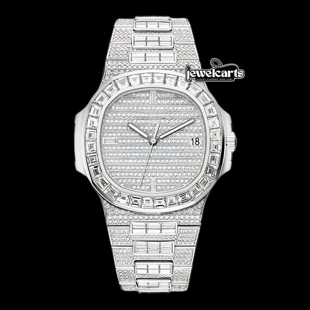 Patek Philippe Nautilus Fully Iced Out Baguette Moissanite Diamond Watch Front View