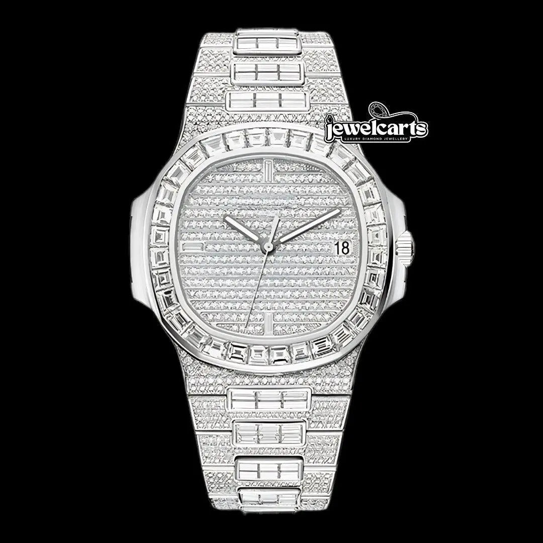 Patek Philippe Nautilus Fully Iced Out Baguette Moissanite Diamond Watch Front View