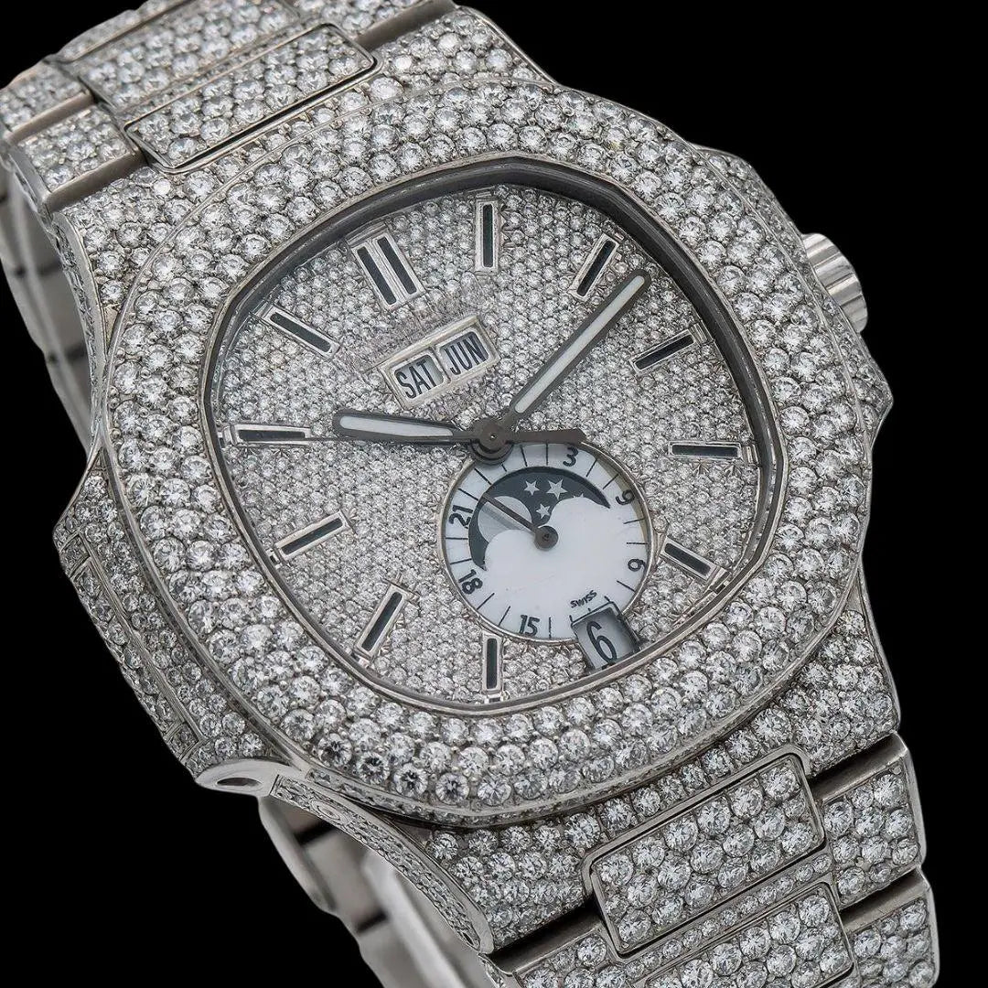 Patek Philippe Nautilus Moonphase Dial Stick Markers Fully Iced Out Moissanite Watch Close Up Dial View