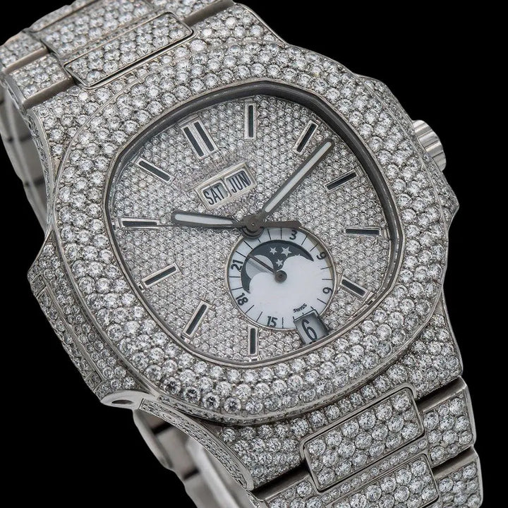 Patek Philippe Nautilus Moonphase Dial Stick Markers Fully Iced Out Moissanite Watch Close Up Dial View