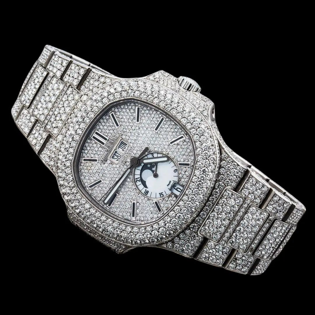 Patek Philippe Nautilus Moonphase Dial Stick Markers Fully Iced Out Moissanite Watch Close Up Front View