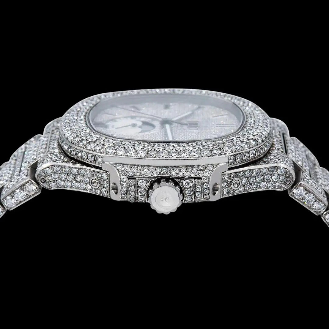 Patek Philippe Nautilus Moonphase Dial Stick Markers Fully Iced Out Moissanite Watch Crown View