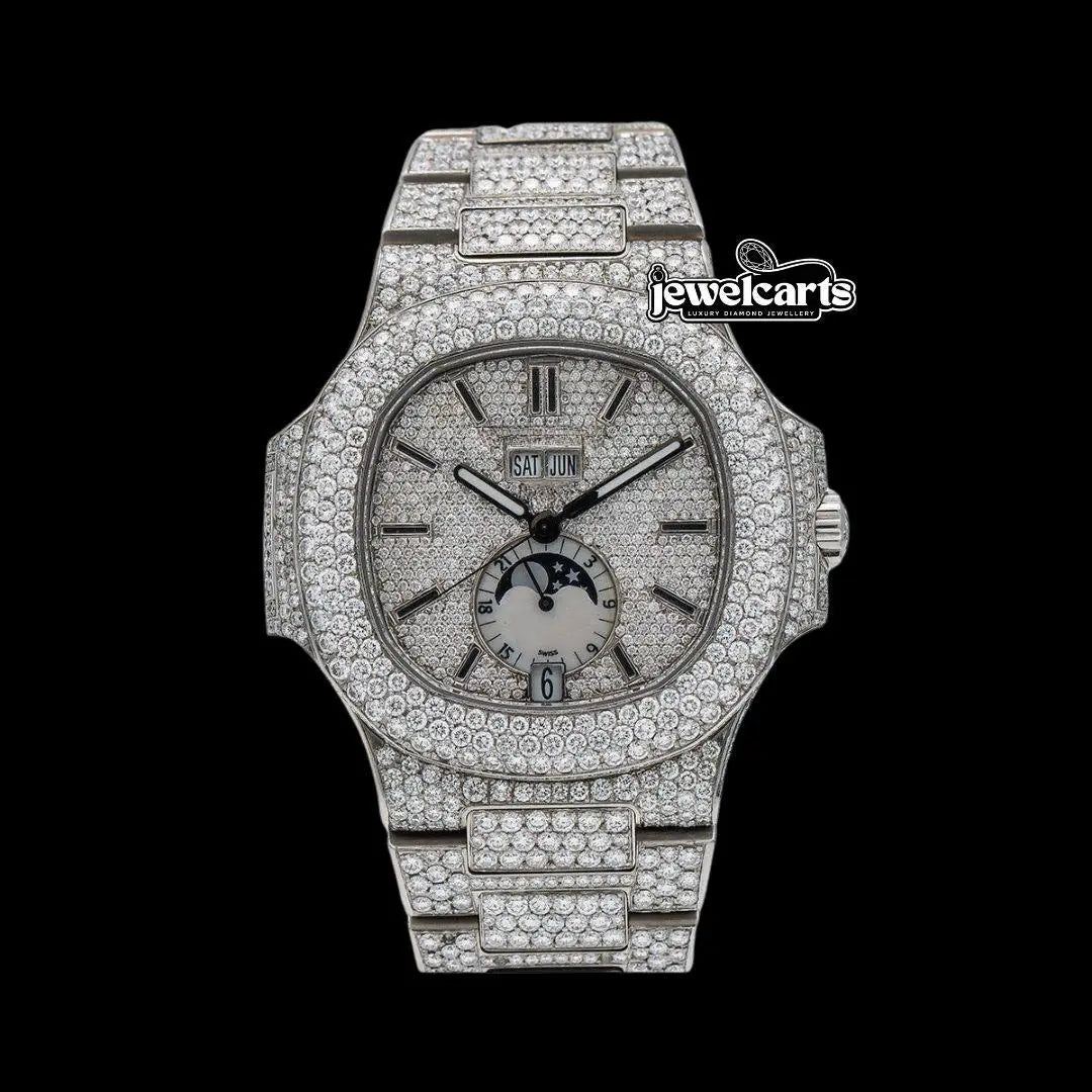 Patek Philippe Nautilus Moonphase Dial Stick Markers Fully Iced Out Moissanite Watch Front View