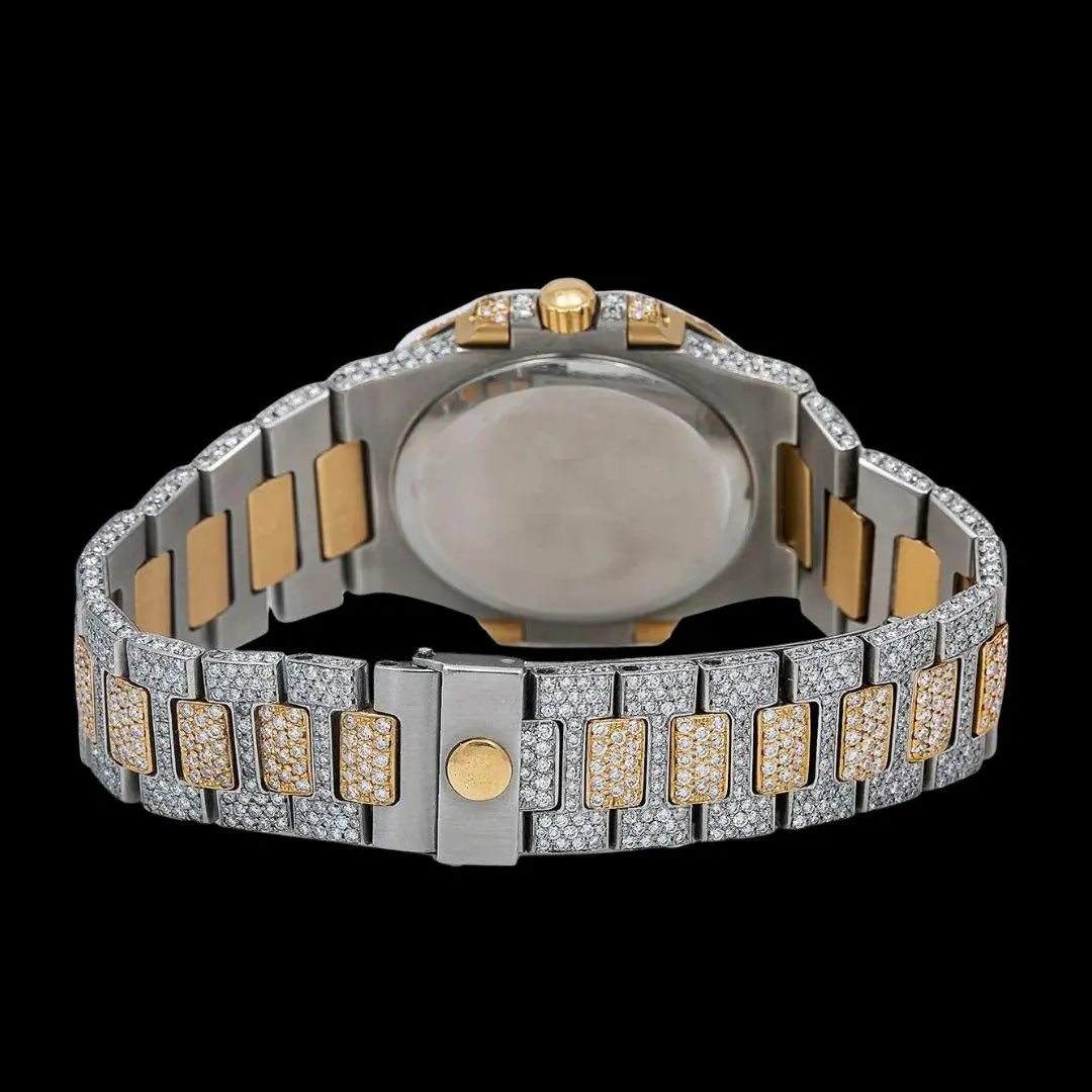 Patek Philippe Nautilus Stick Markers Black Dial Two Tone Yellow Gold Iced Out Watch Caseback View