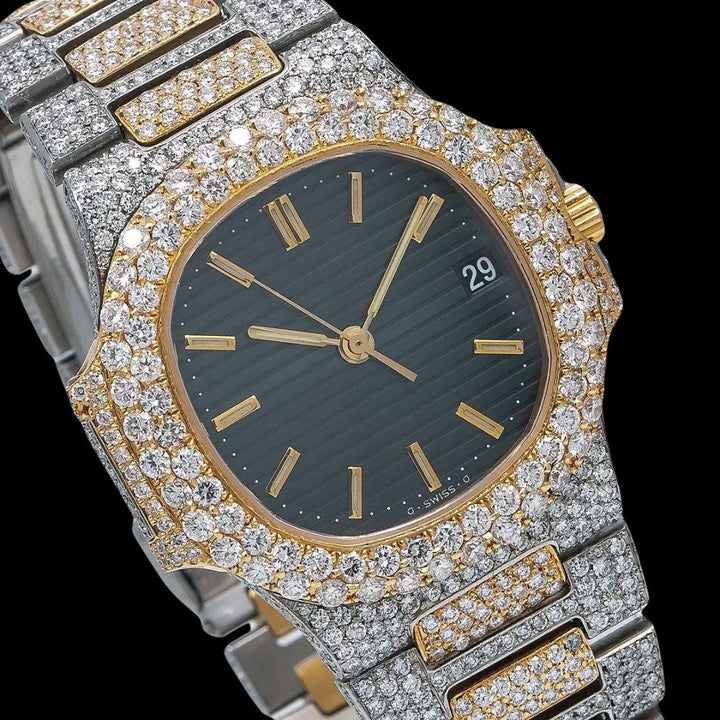 Patek Philippe Nautilus Stick Markers Black Dial Two Tone Yellow Gold Iced Out Watch Close Up Dial View