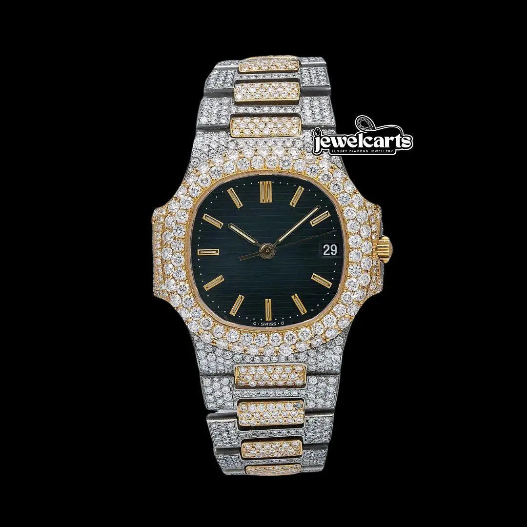 Patek Philippe Nautilus Stick Markers Black Dial Two Tone Yellow Gold Iced Out Watch Front View