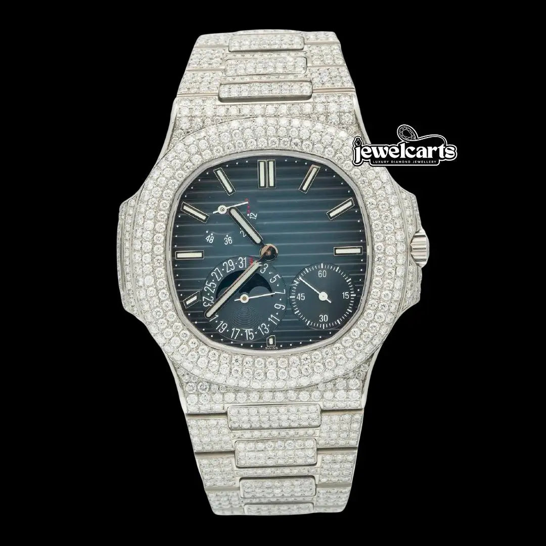 Patek Philippe Nautilus Stick Markers Blue Dial Moonphase Fully Iced Out Moissanite Watch Front View