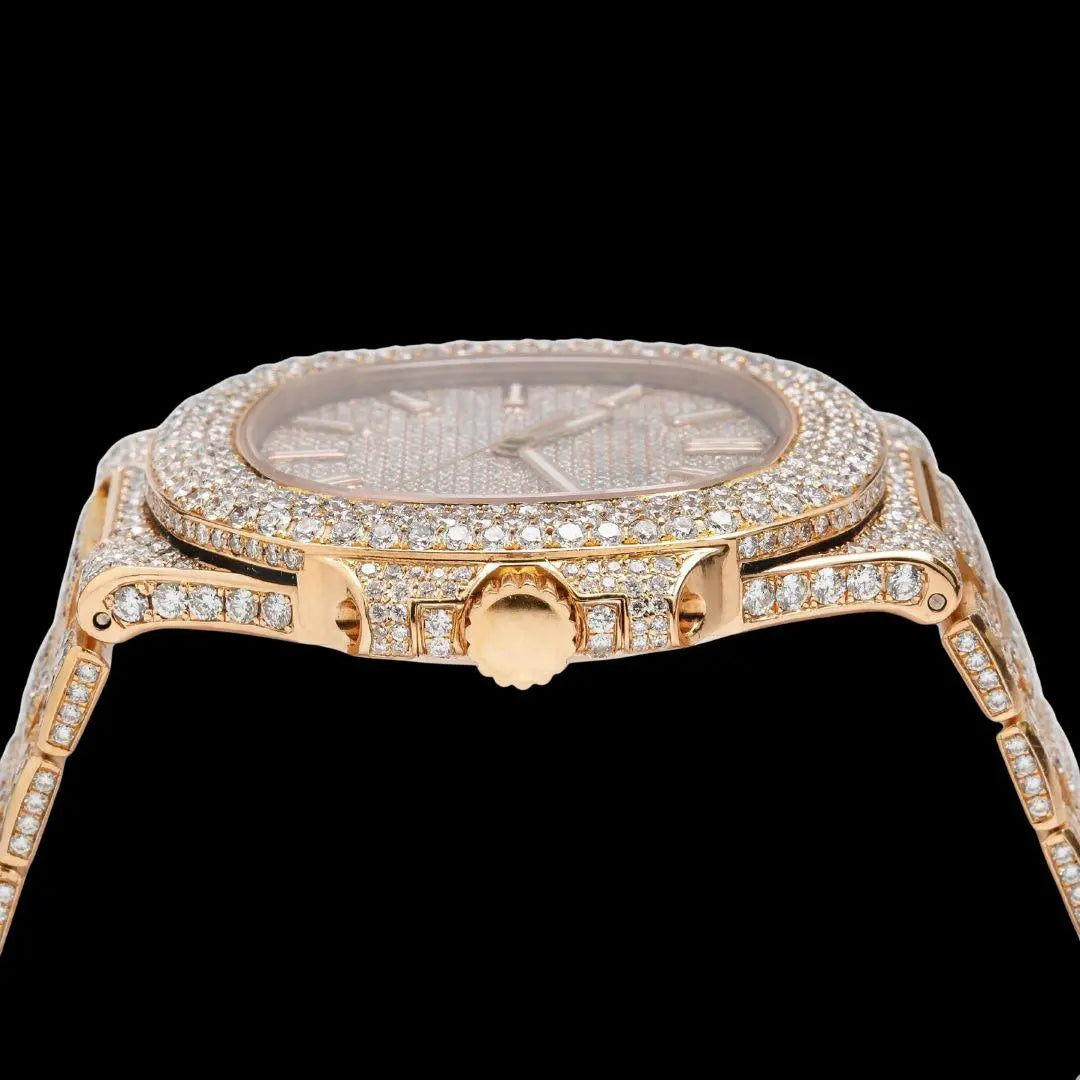 Patek Philippe Nautilus Stick Markers Dial Fully Iced Out Rose Gold Moissanite Watch Crown View