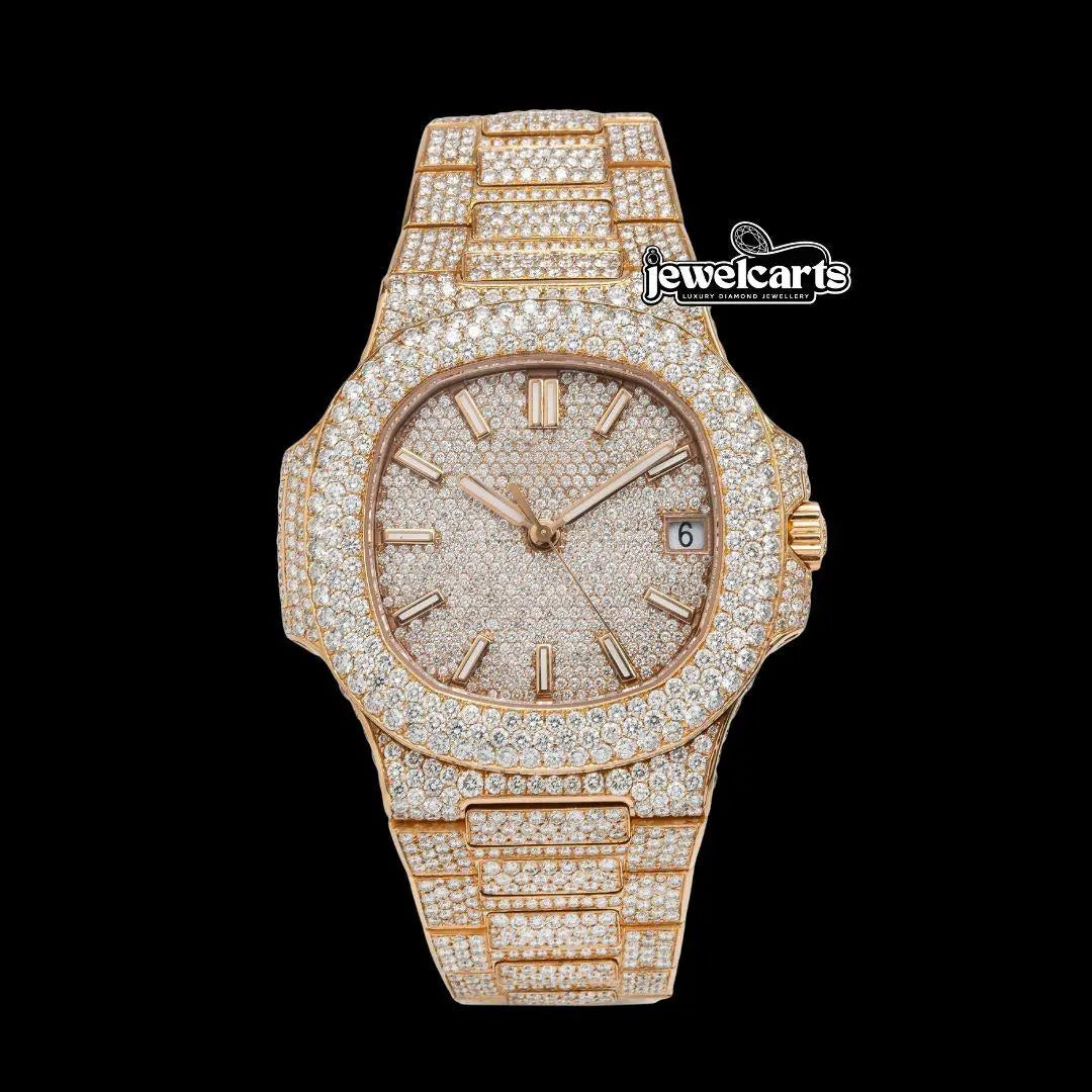 Patek Philippe Nautilus Stick Markers Dial Fully Iced Out Rose Gold Moissanite Watch Front View