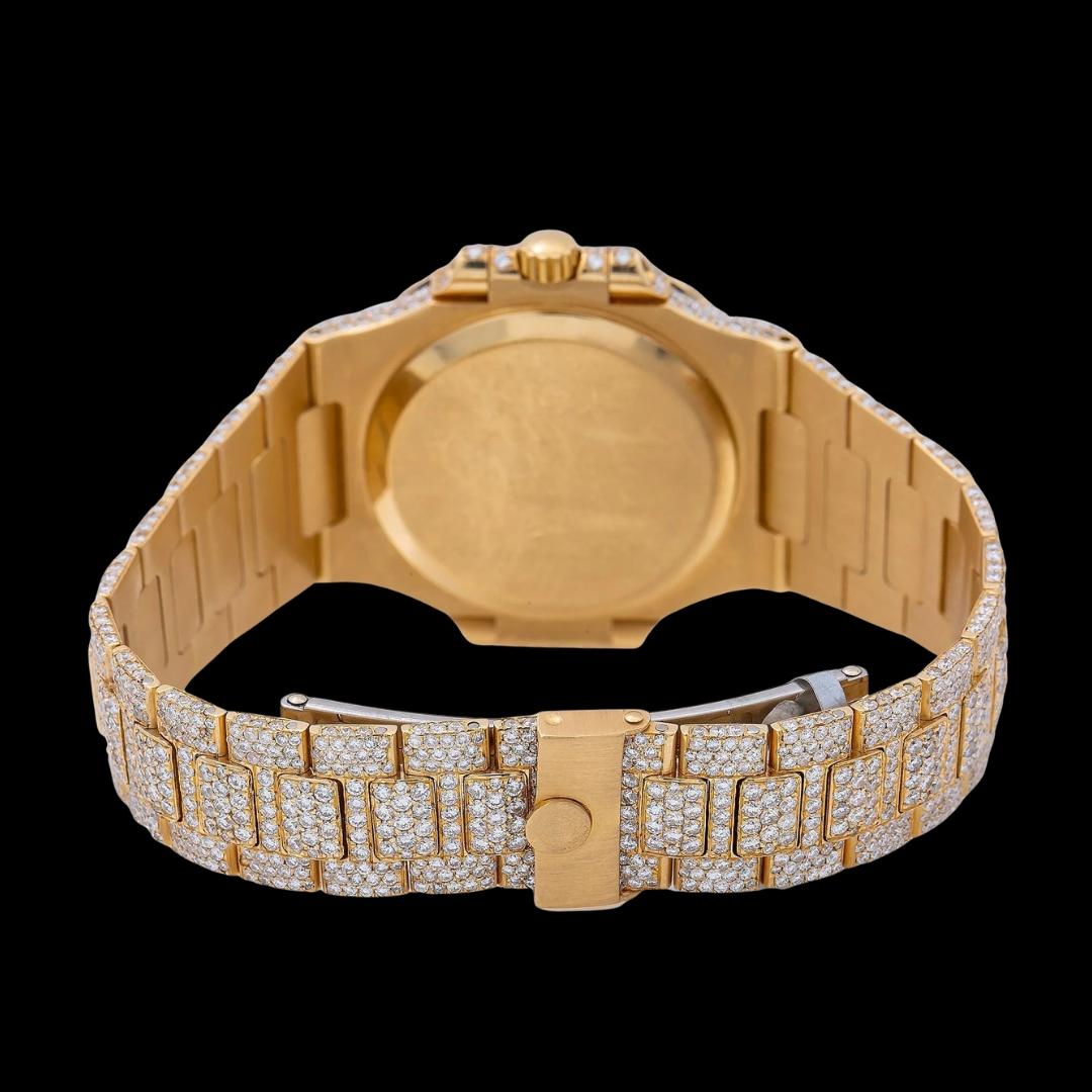 Patek Philippe Nautilus White Dial Stick Markers Yellow Gold Fully Iced Out Moissanite Watch Caseback View